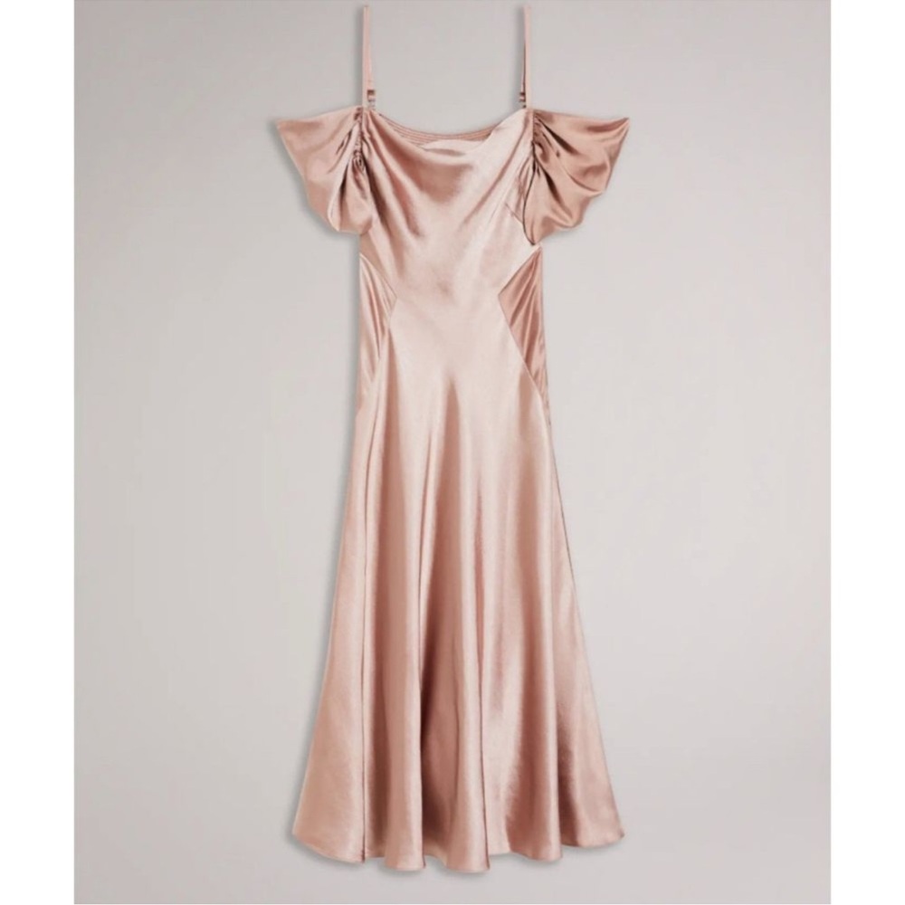 Ted Baker Esta Cold Shoulder Cowl Front Midi Slip Dress in Dusty Pink - Picture 4 of 11